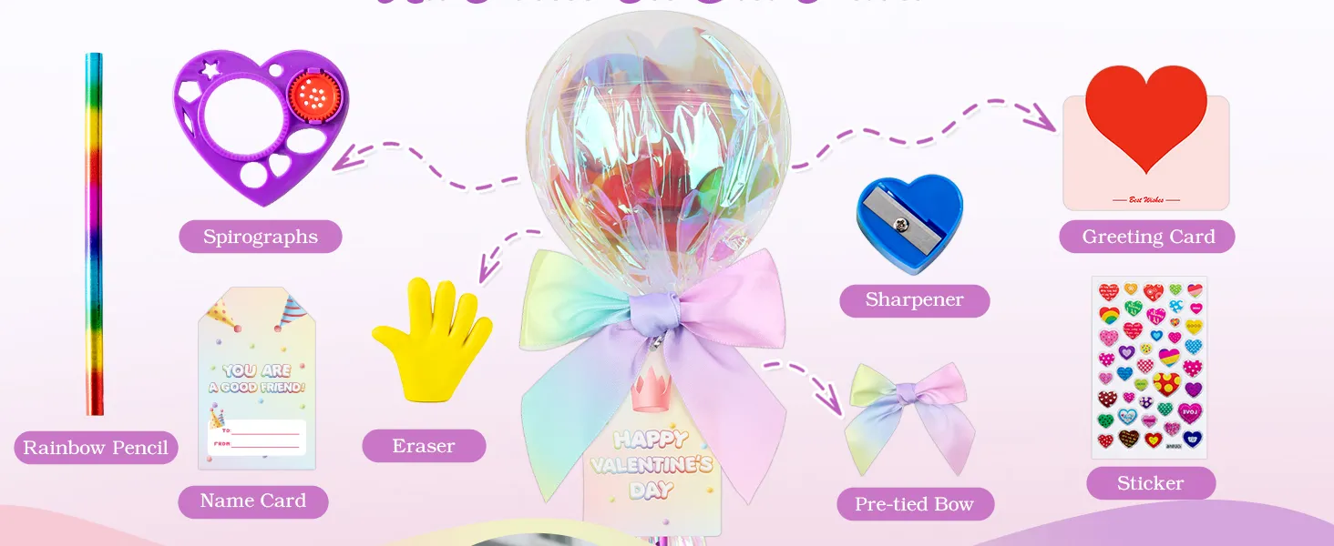 Each stationery gift set includes a rainbow pencil, heart Spirographs, sharpener, stickers, eraser.
