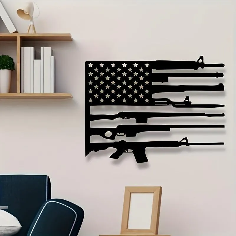 1pc Vintage American Flag and Gun Metal Wall Art, Vintage American Flag and Gun Statue Mural, Perfect for Home, Office, Indoor/Outdoor Decor, New Year Decor, Ideal Gift for Military Enthusiasts autumn home decor