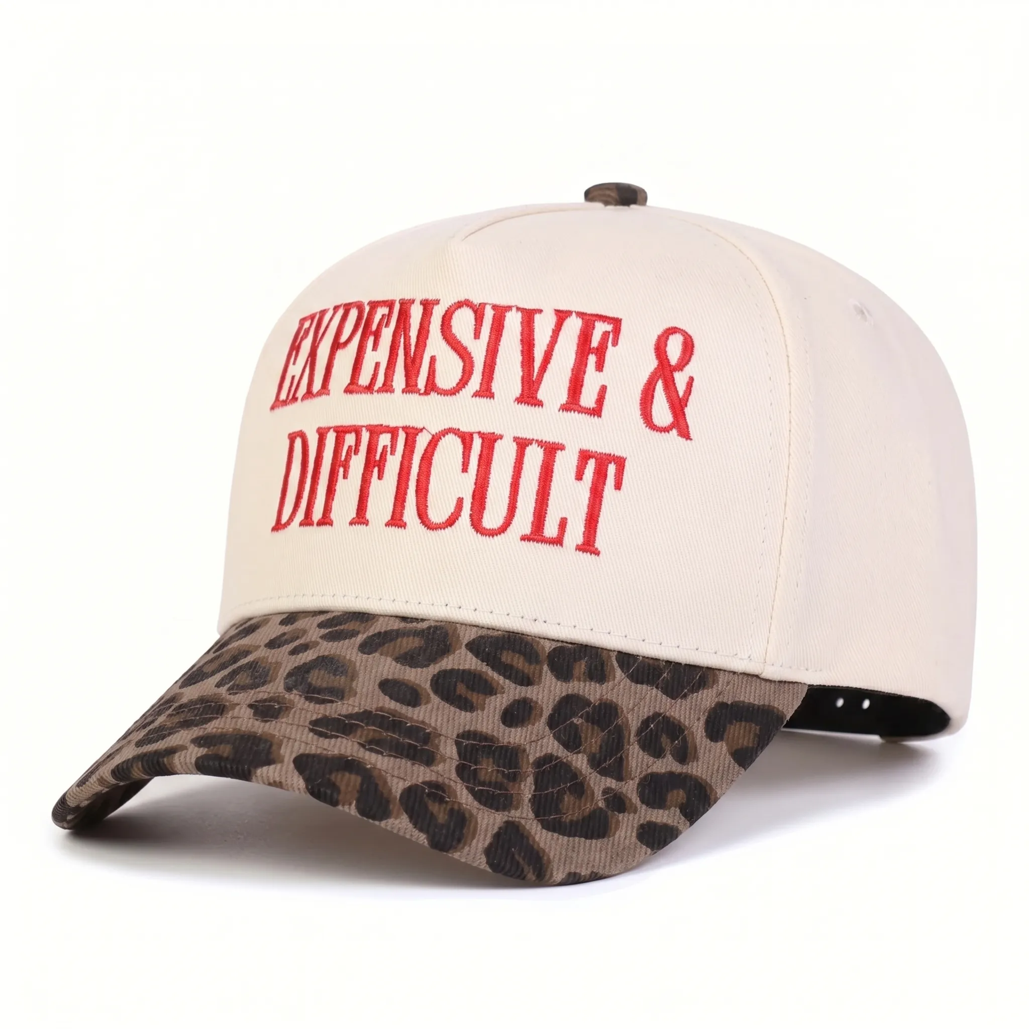 Expensive and Difficult baseball cap with red embroidery and leopard brim