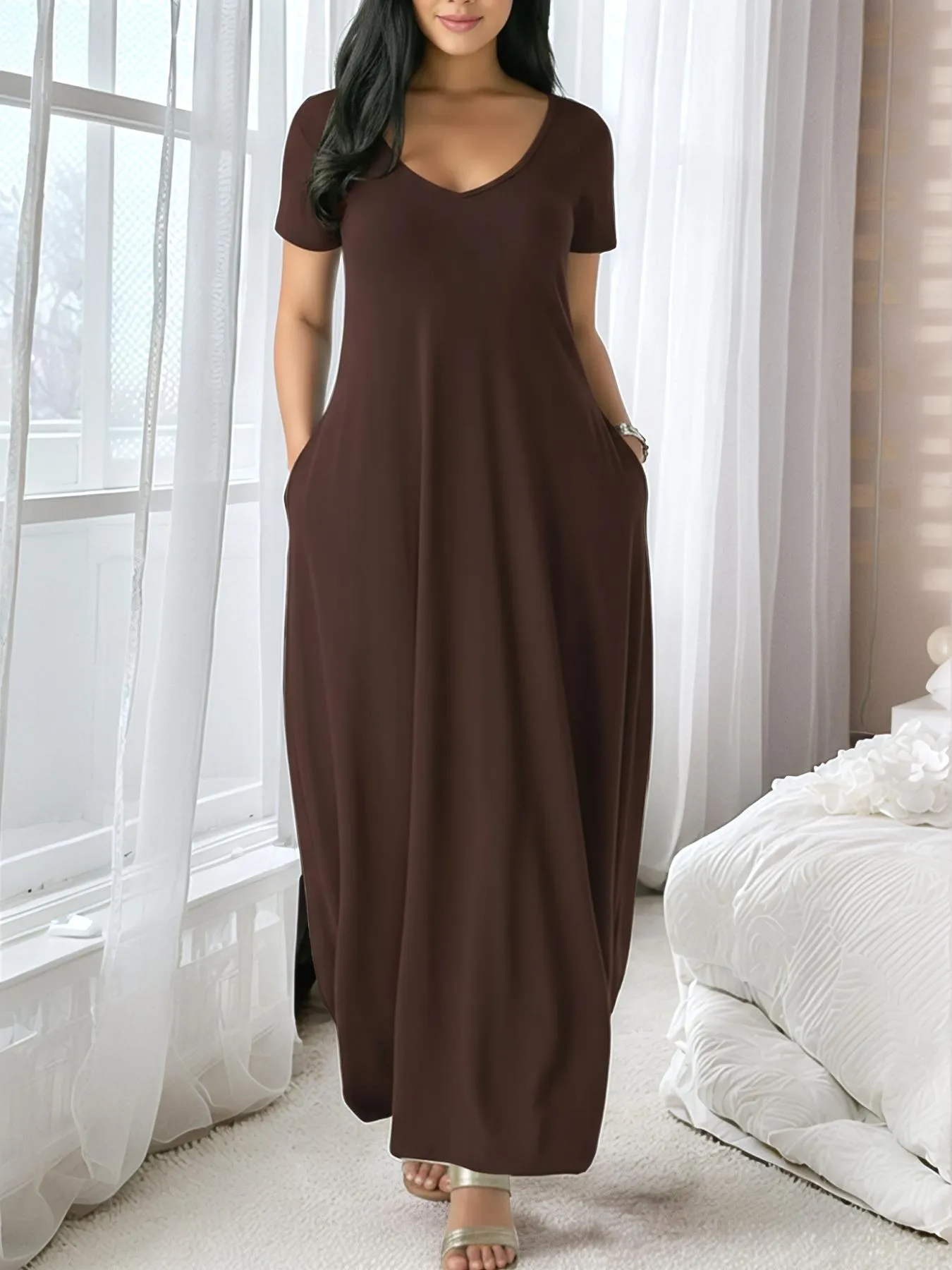 Women's Long Coffee Dress, Large Round Neck Short Sleeve Pocket Sleepwear, Casual Home Clothing Soft Fabric All Seasons Wear