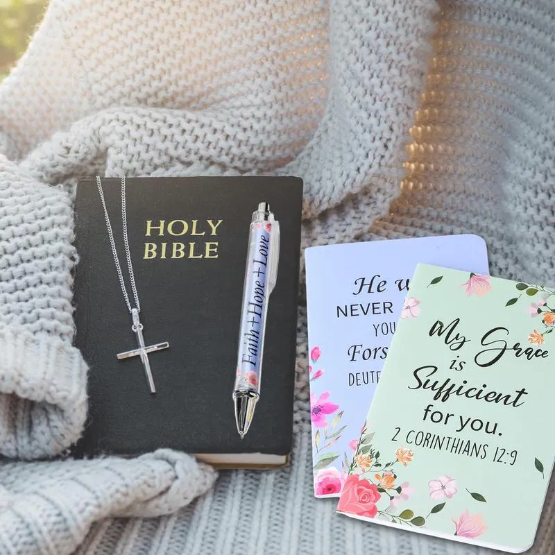 24Pcs Christian Gifts with 12 Motivational Quote Pens and 12 Bible Journal Christian Writing Pens Inspirational Ballpoint Pens Religious Notebooks with Bible Verse Bible Supplies, Gifts for Women  Student Teacher, First Holy Communion Gift, Mother's Day