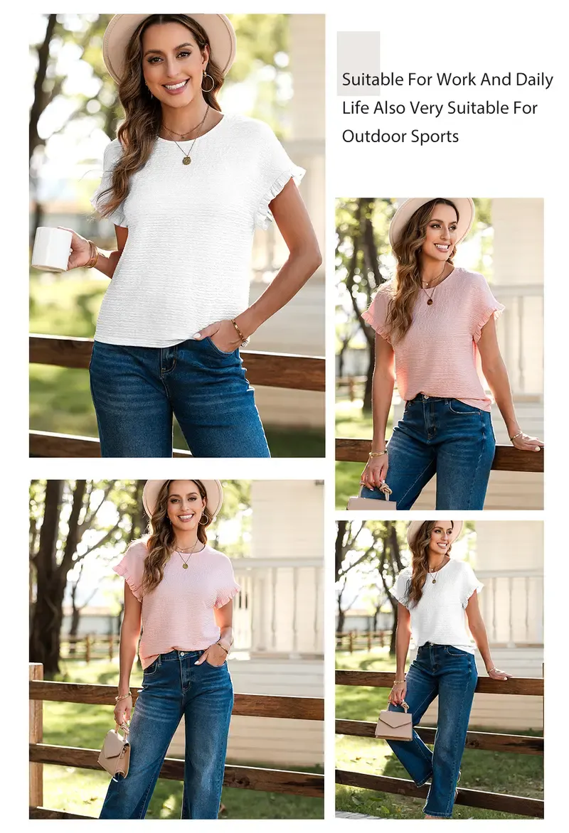 Product Introduction of SHEWIN 2025 Summer Outfit Womens Short Sleeve Tops Round Neck Ruffle Casual Summer Textured Work T Shirts Tee Blouse 5