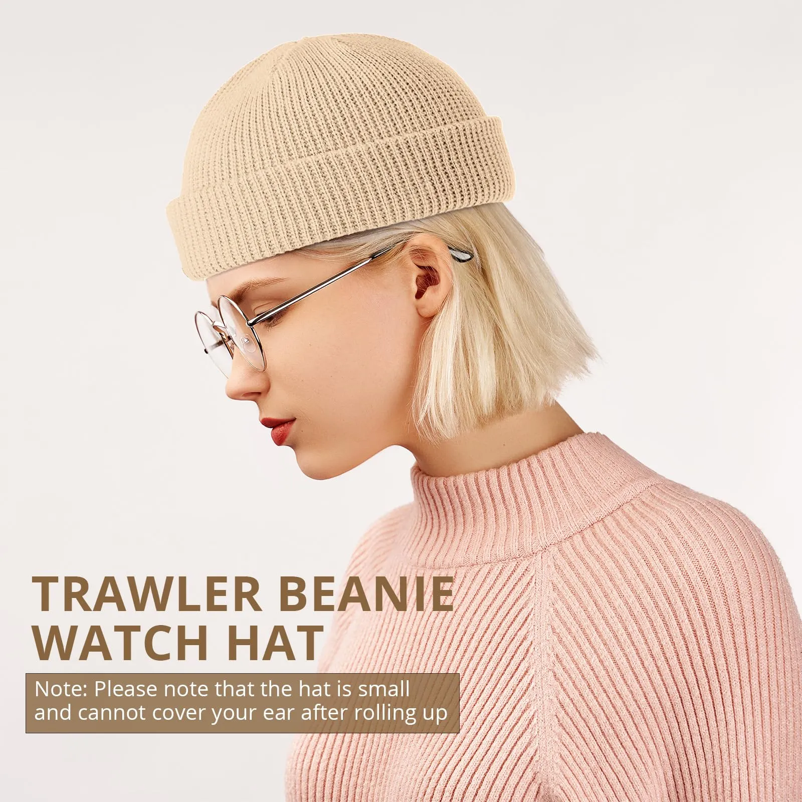 Woman showing the style of the short trawler beanie