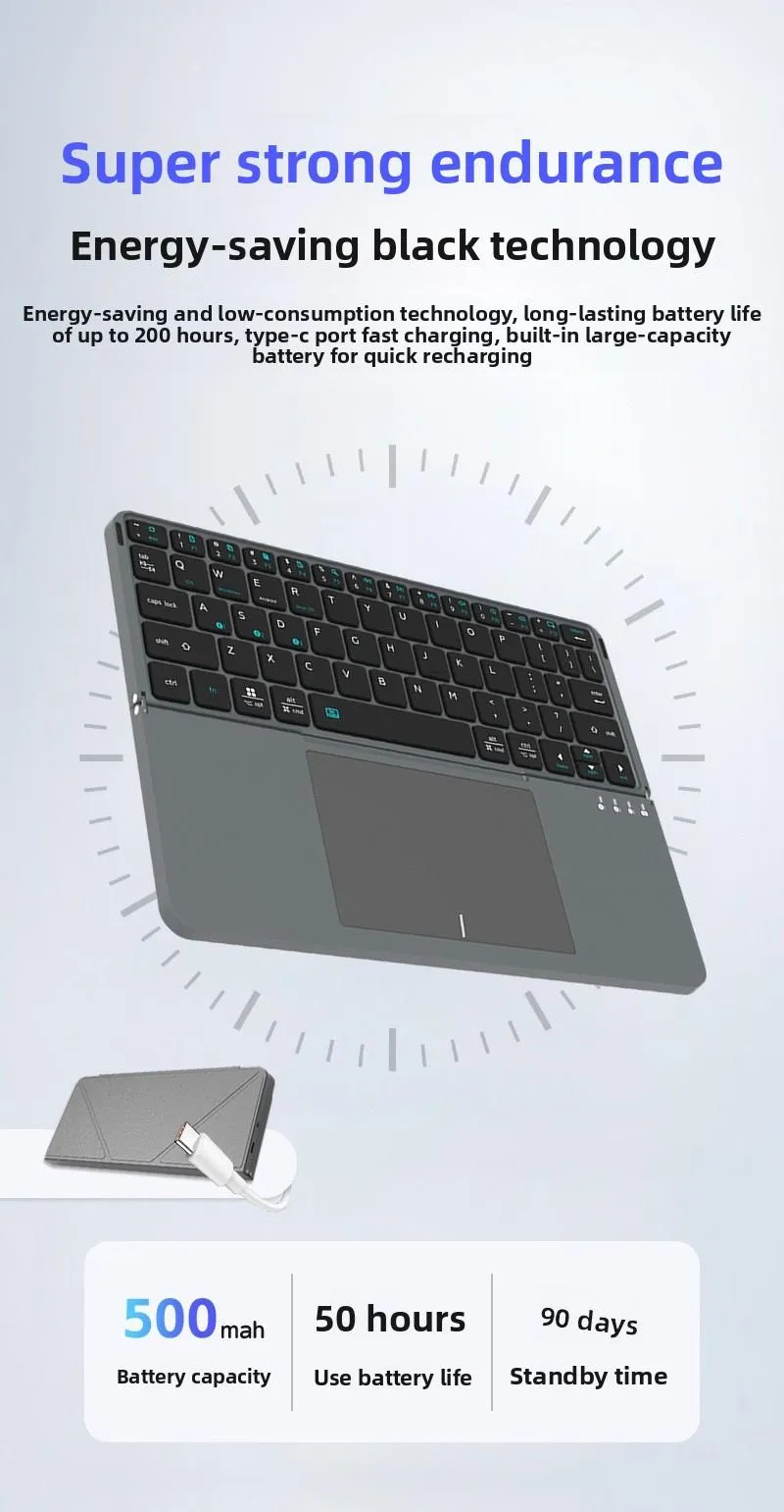 Portable Wireless BT Foldable Keyboard New Detachable Leather Stand for Tablet Phone Touch Typing Mini Keyboard with Ergonomic Design