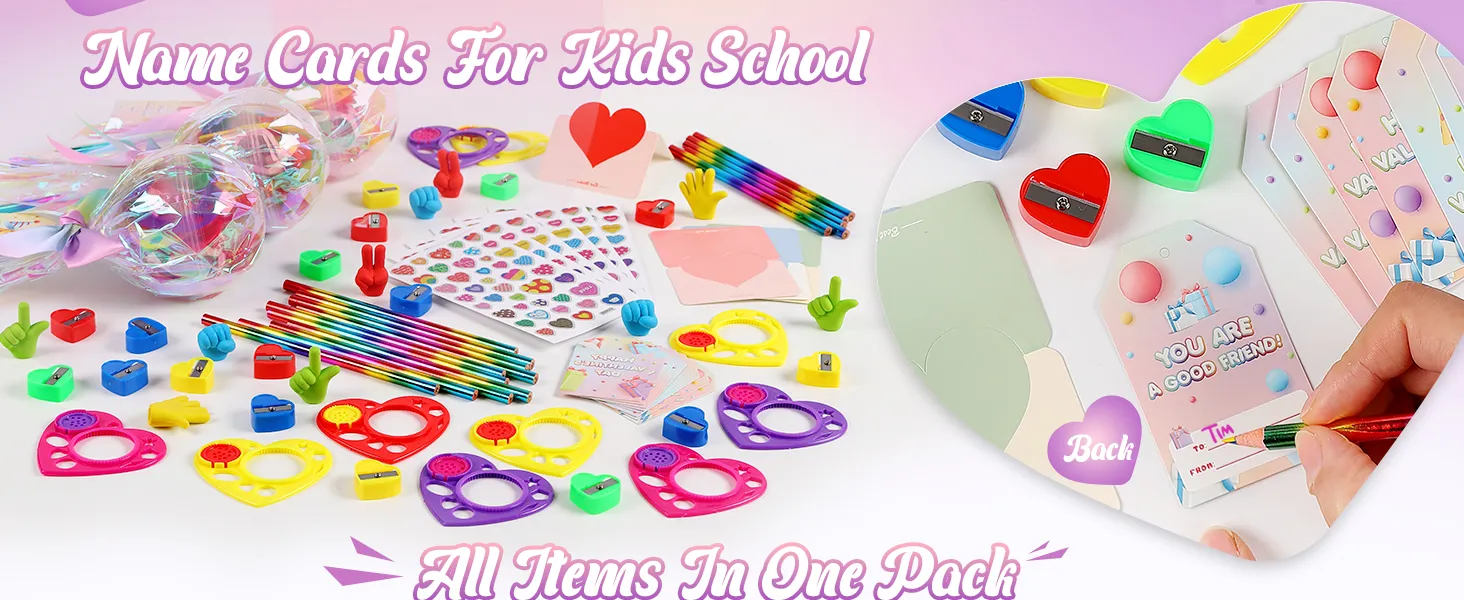 Each gift includes a name card and Valentine's card, perfect for kids' classroom gift exchanges.