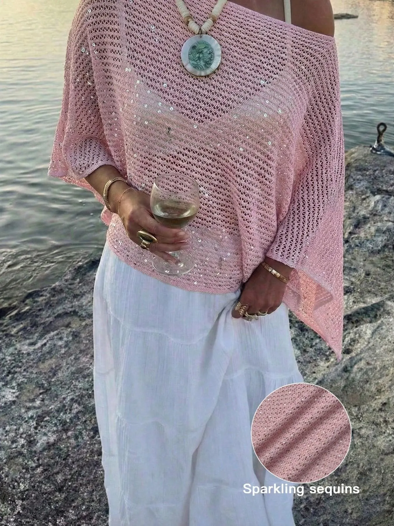 Elegant Women's Spring Summer Fashion Casual Knitted Hollow Out Hoodie, Sequin Boat Neck Pure Color Semi-Transparent Top Elegant Women's Spring Summer Fashion Casual Knitted Hollow Out Hoodie, Sequin Boat Neck Pure Color Semi-Transparent Top