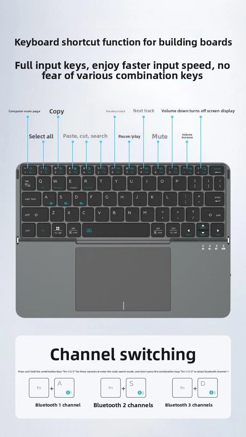 Portable Wireless BT Foldable Keyboard New Detachable Leather Stand for Tablet Phone Touch Typing Mini Keyboard with Ergonomic Design