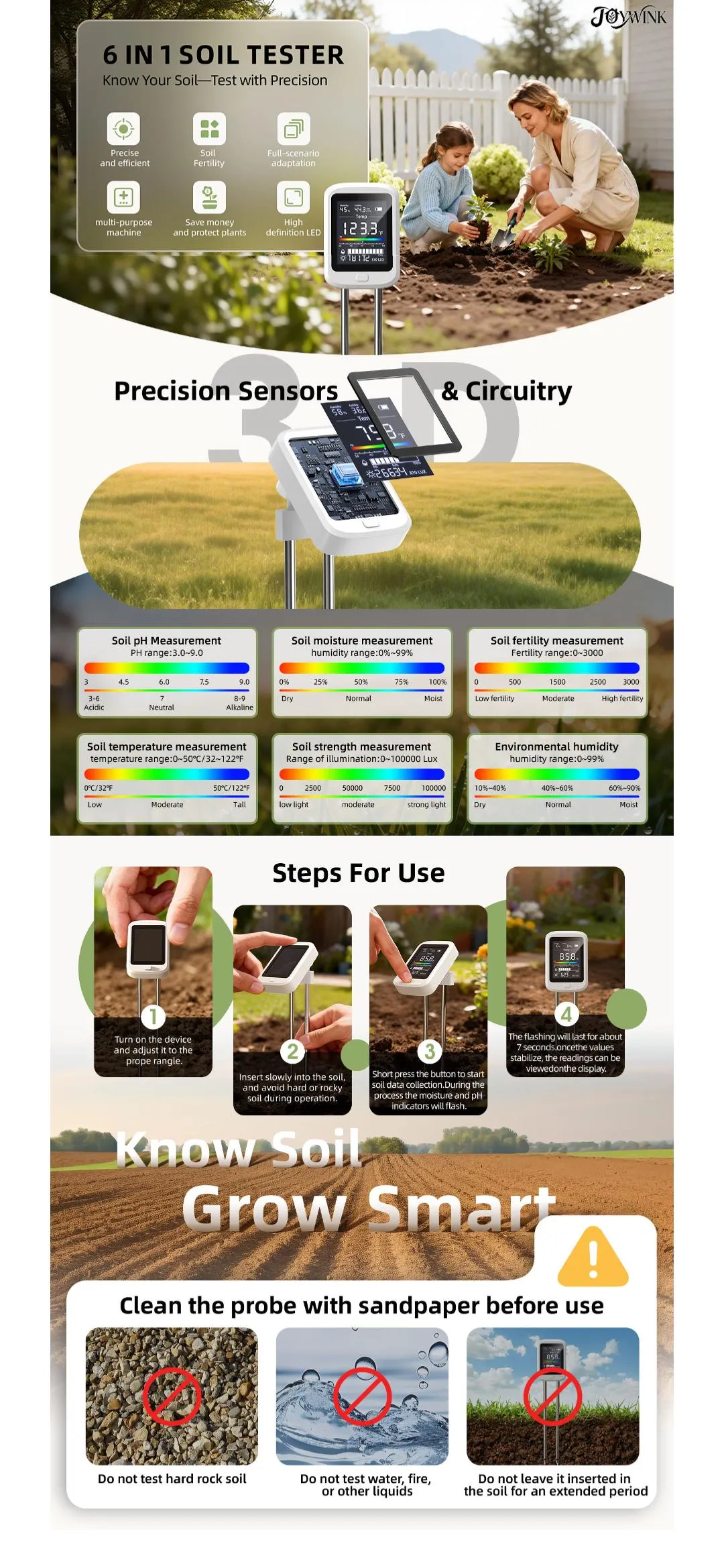Joywink 6-in-1 Soil Moisture Meter with pH, Nutrient, Sunlight, Temperature & Humidity | Multi-Function Tester for Garden, Lawn and Indoor Plants | Factory-Permanent Calibration Joywink 6-in-1 Soil Moisture Meter with pH, Nutrient, Sunlight, Temperature & Humidity | Multi-Function Tester for Garden, Lawn and Indoor Plants | Factory-Permanent Calibration