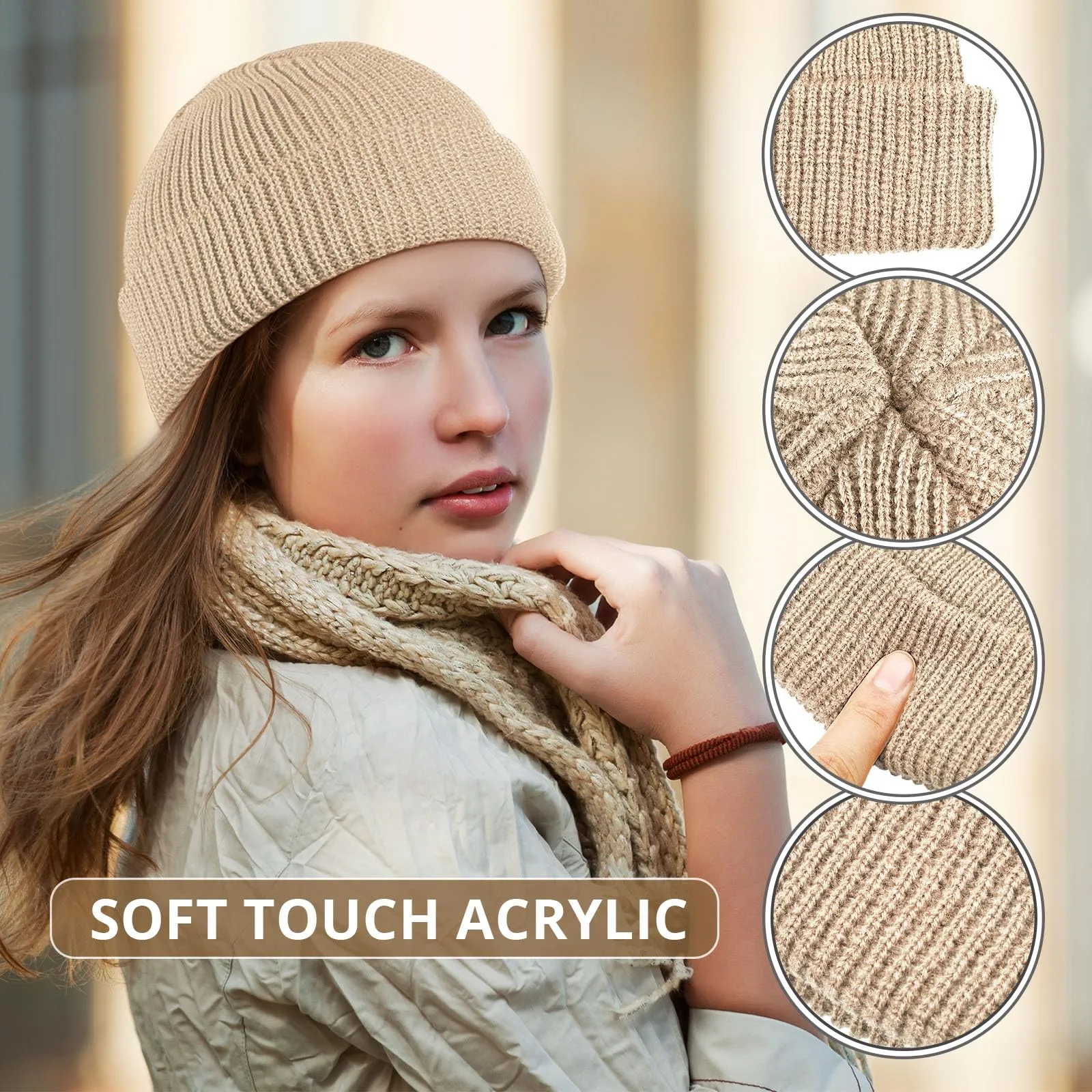 Close-up details of the soft knit beanie texture