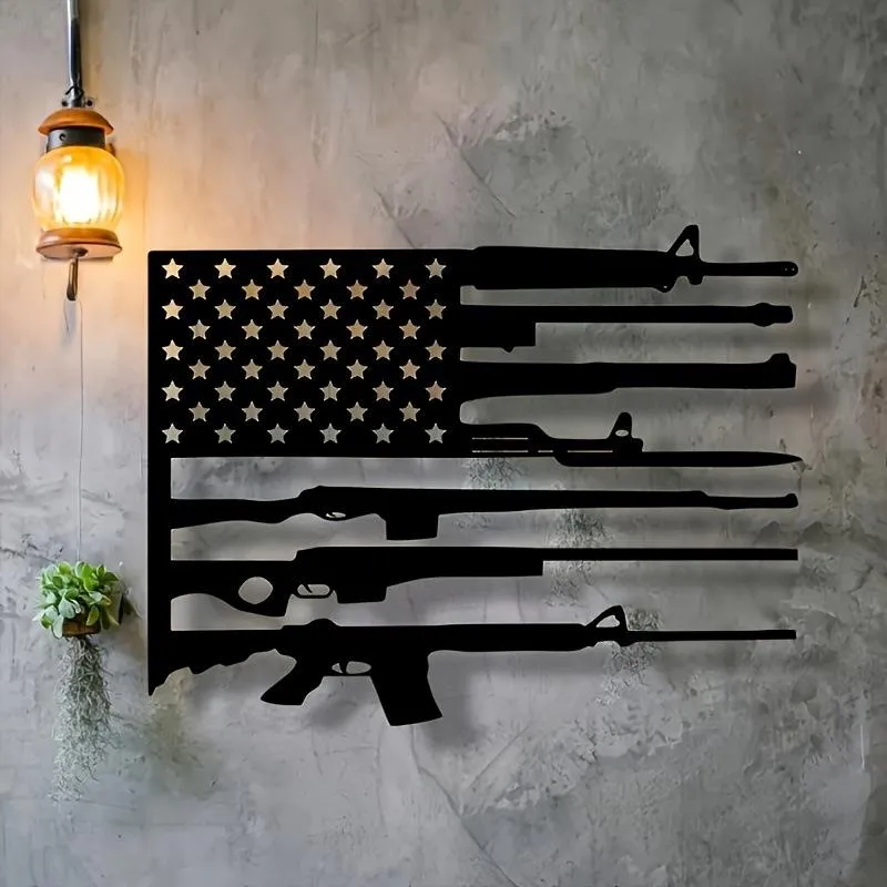 1pc Vintage American Flag and Gun Metal Wall Art, Vintage American Flag and Gun Statue Mural, Perfect for Home, Office, Indoor/Outdoor Decor, New Year Decor, Ideal Gift for Military Enthusiasts autumn home decor