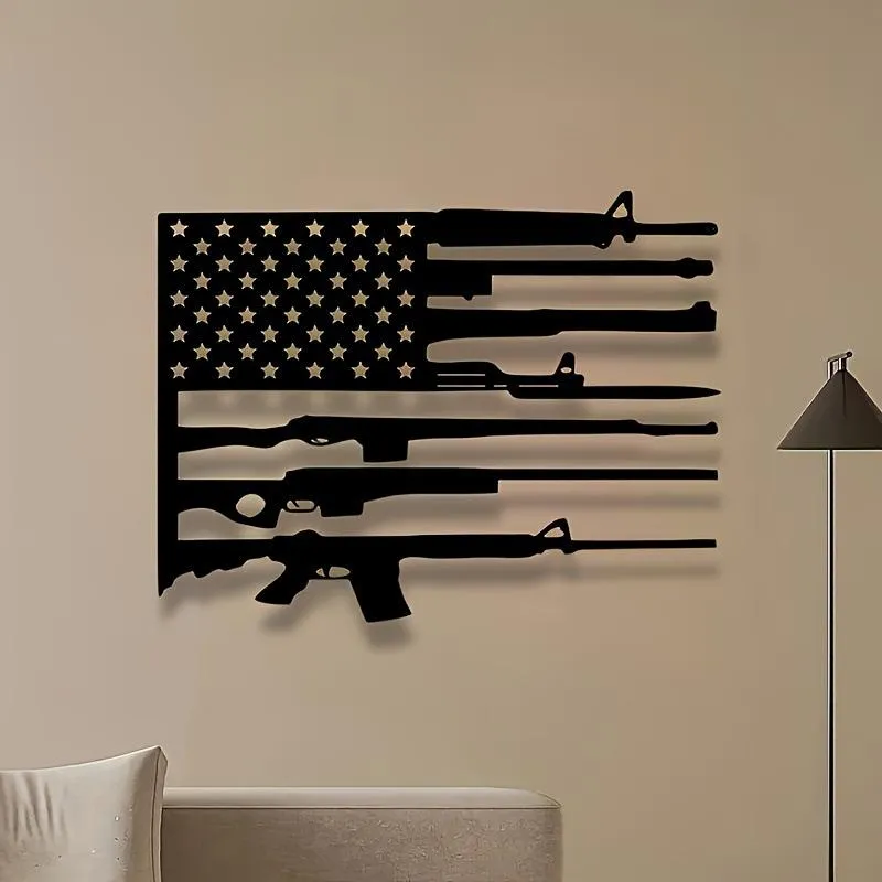 1pc Vintage American Flag and Gun Metal Wall Art, Vintage American Flag and Gun Statue Mural, Perfect for Home, Office, Indoor/Outdoor Decor, New Year Decor, Ideal Gift for Military Enthusiasts autumn home decor