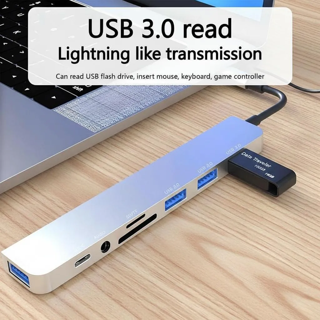 USB-C 8-Port Hub Expander with 4 USB 3.0 Ports 1 USB-C Jack TF/SD Card Reader 3.5mm Audio Output for iPhone 15 16 17 iPad Pro Laptop Galaxy Phones High-Speed Data Transfer