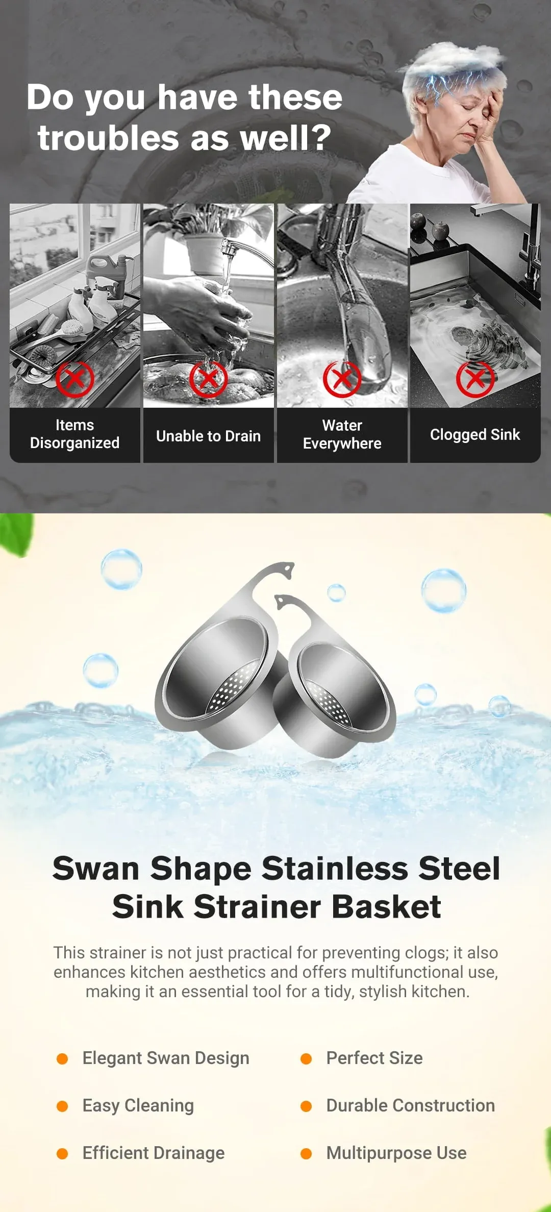 Close-up of Stainless Steel Swan Sink Strainer Basket