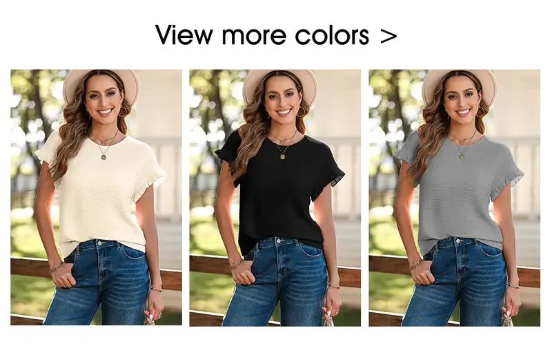Product Introduction of SHEWIN 2025 Summer Outfit Womens Short Sleeve Tops Round Neck Ruffle Casual Summer Textured Work T Shirts Tee Blouse 7