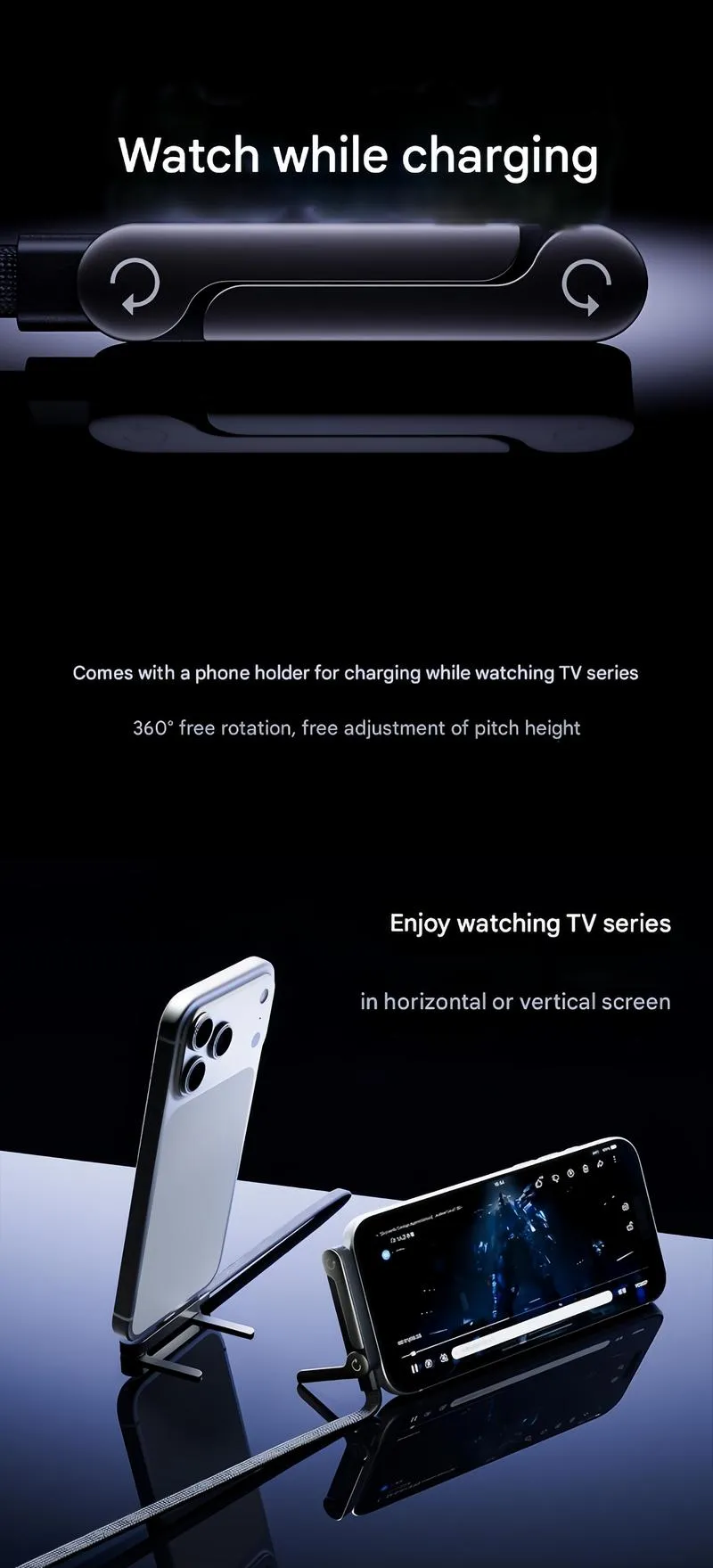 basemo Invisible Holder Charger Cable with Stand, 240w super fast charging 2-in-1 Fast Charging Cord & Phone Stand for Gaming, Office, Car Travel, Compatible with iPhone Samsung Type-C charging cable Black