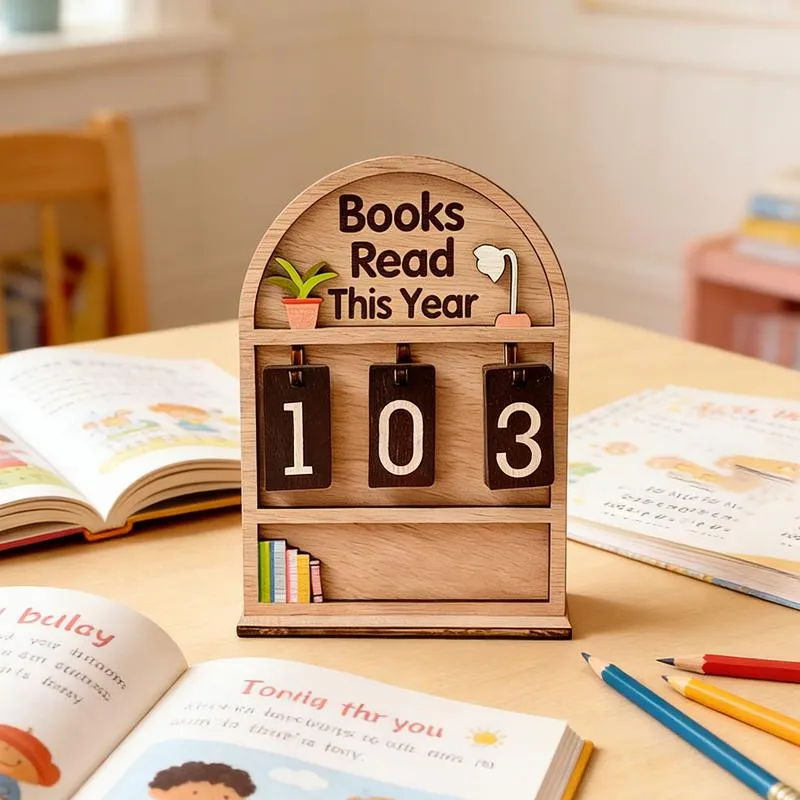 Wooden Annual Reading Count Display Piece, Track Up to 999 Books, DIY Text with Base, Office Book Decor, Gift for Readers & Writers, Home Office Decor